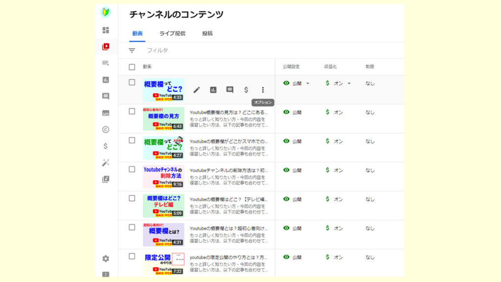 Youtubestudioチャンネルのコンテンツページに戻る